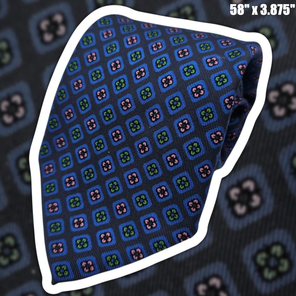 Gieves & Hawkes Savile Row Silk Tie Blue Geometric Foulard Floral England 58"
